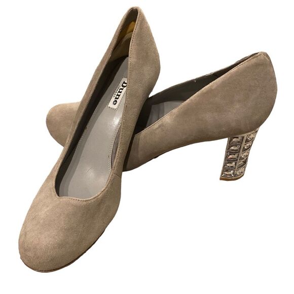 Dune London Bindy Crystal Block Heel Beige Grey Suede Leather Size 10 - Picture 8 of 10